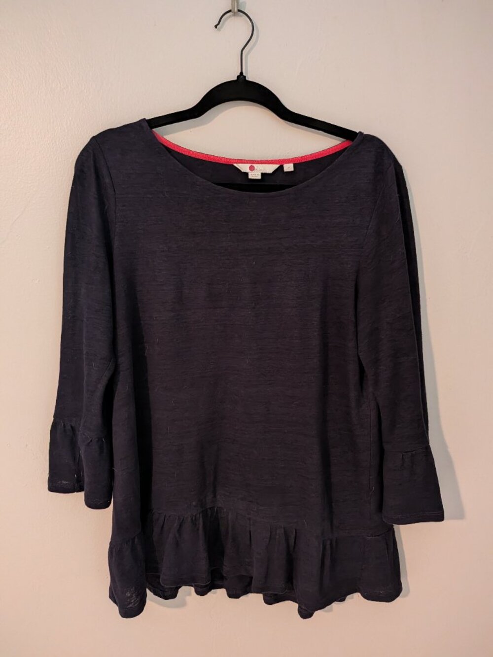 Boden Women's Black 3/4 Bell Sleeve Ruffle Hem Top Size M